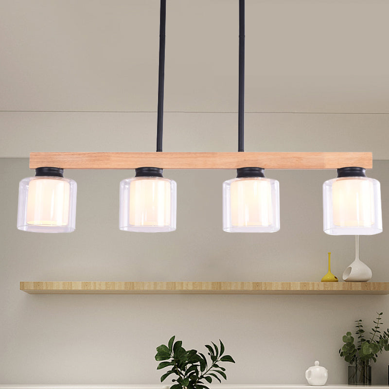 Double Glass Cylinder Shade Island Lighting Restaurant 3/4-Head Nordic Wooden Linear Pendant in White