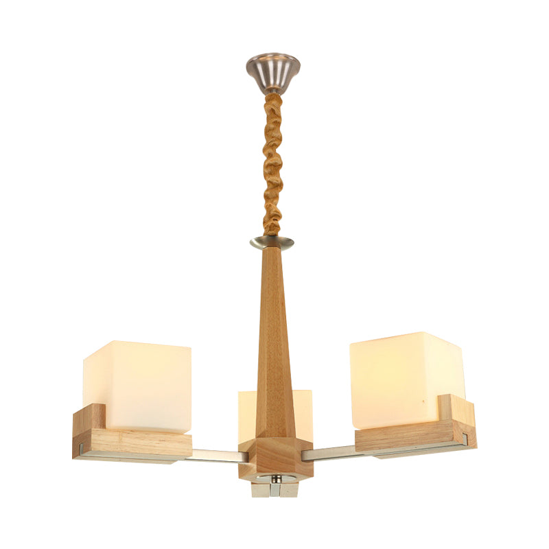 Glass Cube Ceiling Lamp 3/5/8 Heads Nordic Chandelier Lighting in Wood for Living Room
