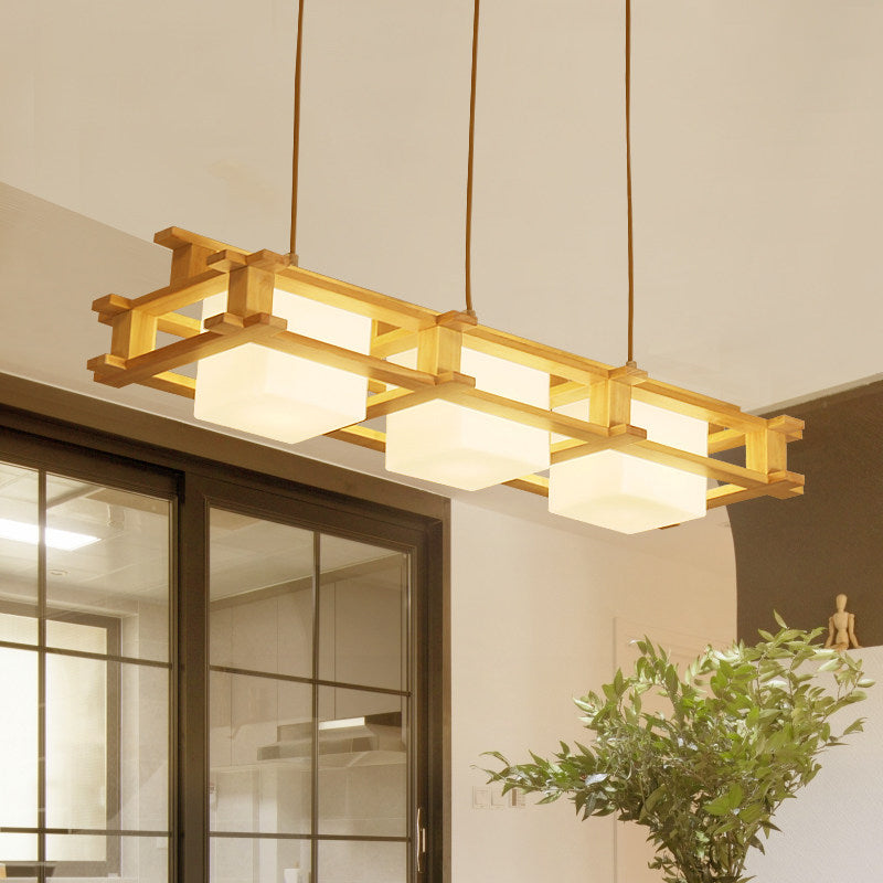 Wooden Frame Square Shade Linear Pendant 3-Light Nordic Island Light Fixture over Dining Table