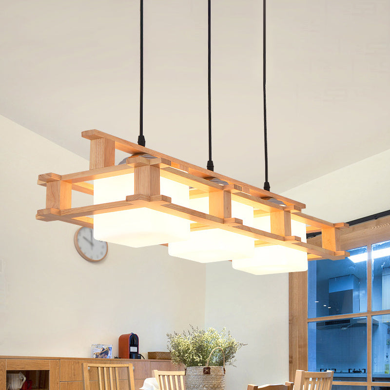 Wooden Frame Square Shade Linear Pendant 3-Light Nordic Island Light Fixture over Dining Table