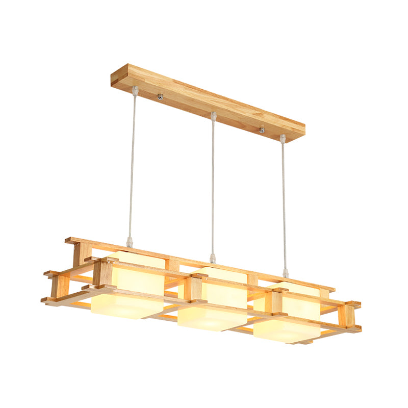 Wooden Frame Square Shade Linear Pendant 3-Light Nordic Island Light Fixture over Dining Table