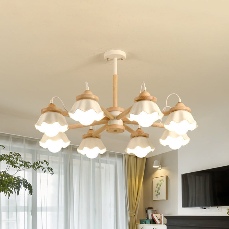 White Scalloped Shade Chandelier Multi-Light Nordic Wooden Drop Ceiling Light for Living Room