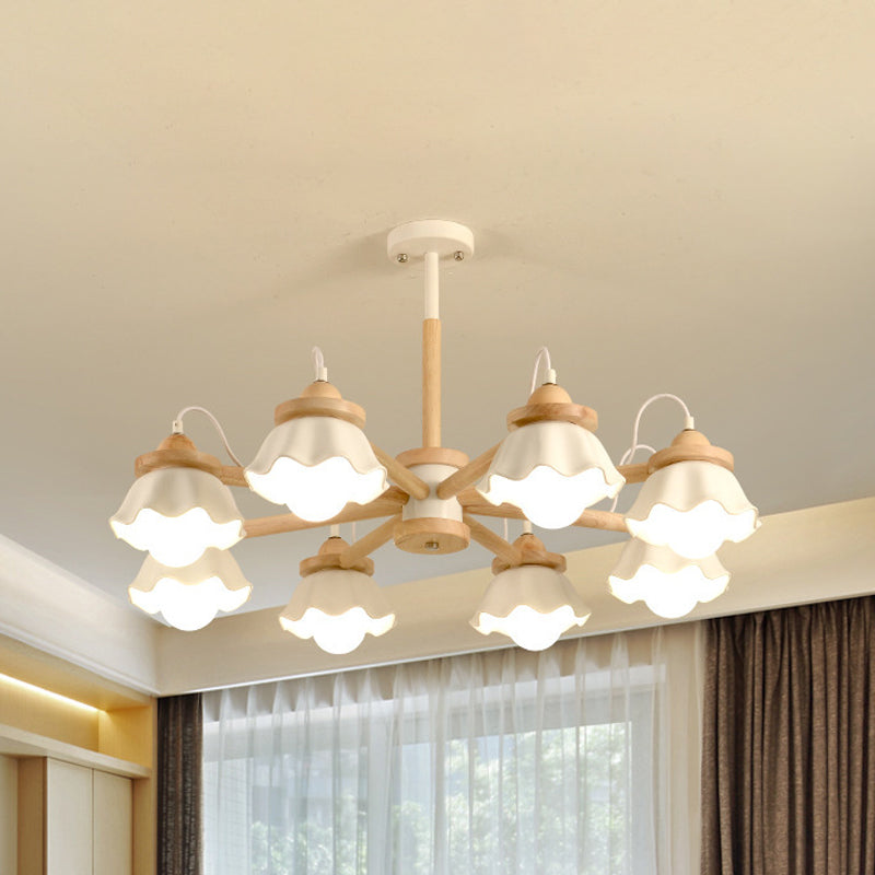 White Scalloped Shade Chandelier Multi-Light Nordic Wooden Drop Ceiling Light for Living Room