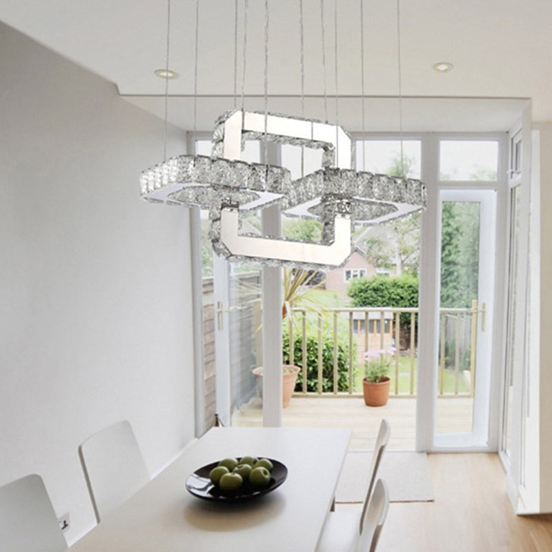 Chrome Round/Square Pendant Chandelier Modern Crystal Accent LED Pendant Light Fixture in White/Warm Light for Dining Room