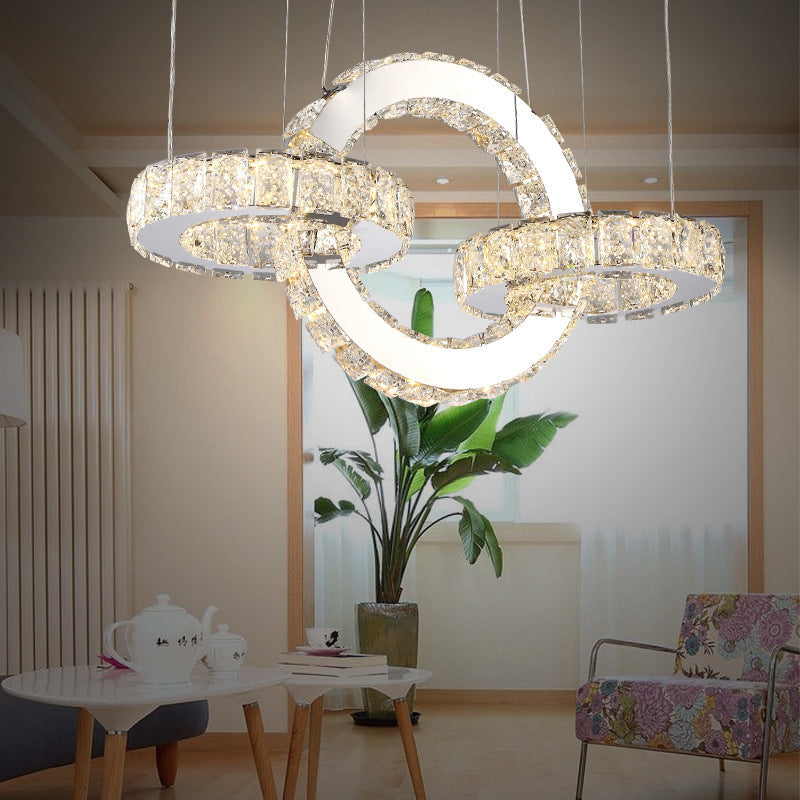 Chrome Round/Square Pendant Chandelier Modern Crystal Accent LED Pendant Light Fixture in White/Warm Light for Dining Room
