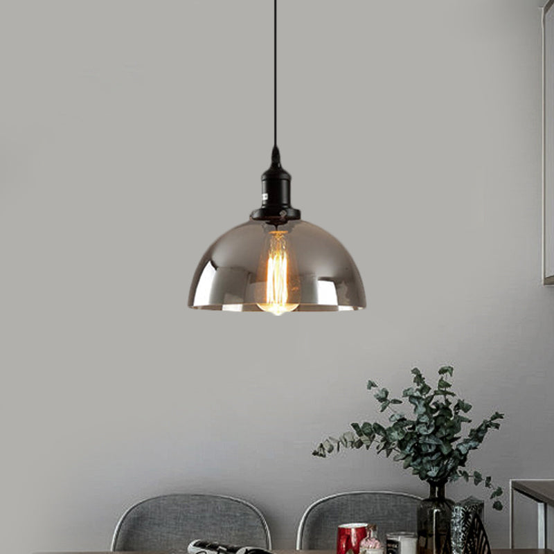 Dome Pendant Lighting Industrial 1 Light 10"/12" Wide Smoked Glass Hanging Lamp in Black