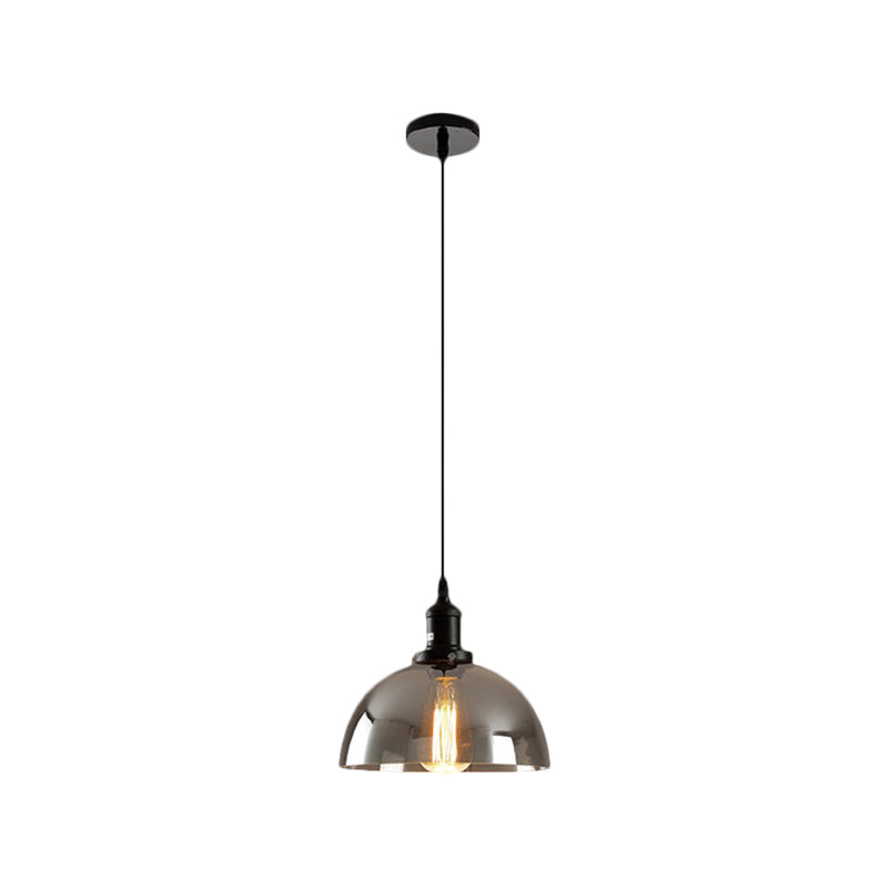 Dome Pendant Lighting Industrial 1 Light 10"/12" Wide Smoked Glass Hanging Lamp in Black