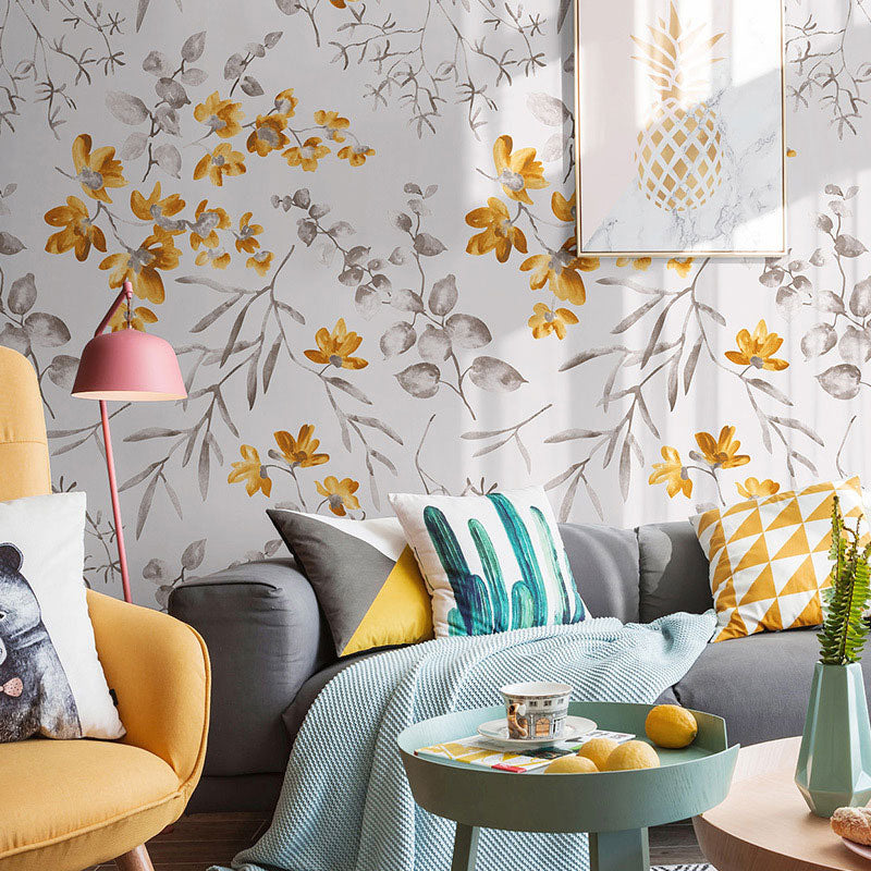 Modernism Wallpaper Roll Neutral Color Dense Flower Design Wall Covering, 57.1 sq ft.