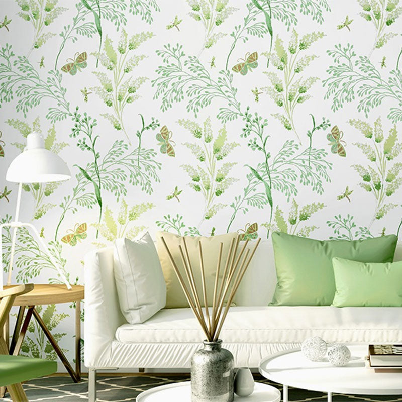 Flowers and Leaves Wall Decor in Green and White, Minimalist Wallpaper for Guest Room