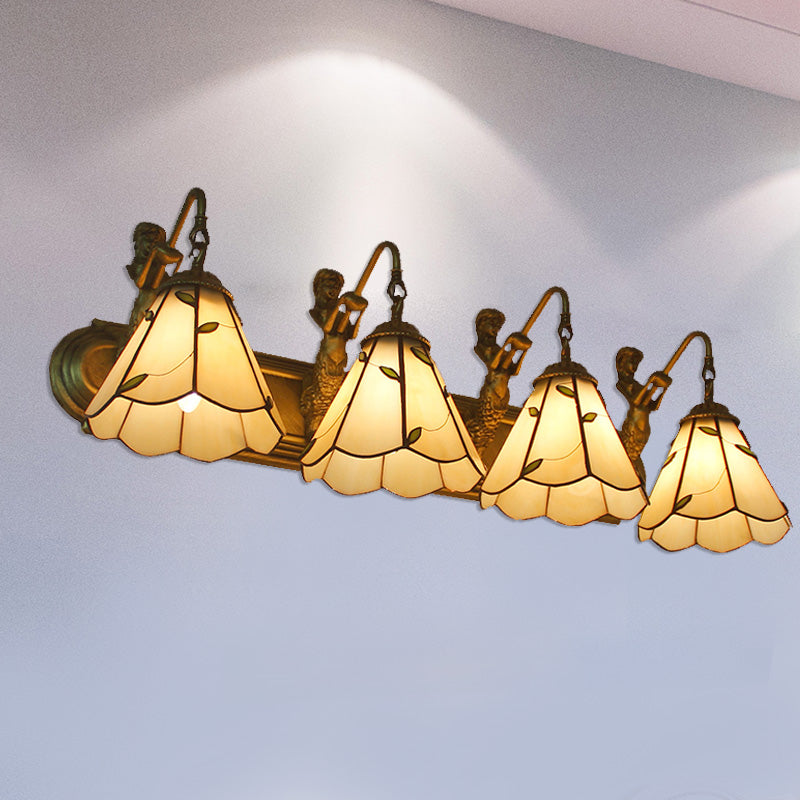 4 Lights Lily Wall Mount Light Tiffany Beige Glass Sconce Light with Mermaid Decoration