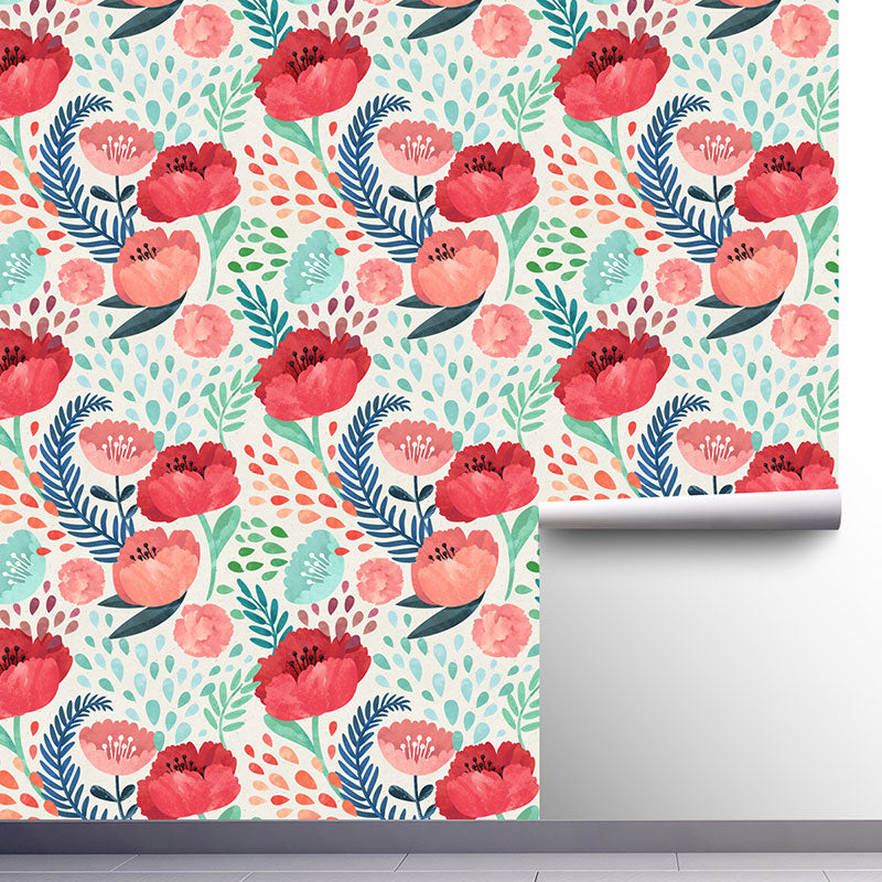 Watercolors of Flower Wallpaper Roll for Accent Wall in Green and Red, Easy to Remove, 29.1 sq ft.