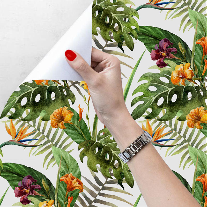 Green Palm Tree Wall Covering Stain-Resistant Wallpaper Roll for Accent Wall, Self-Adhesive