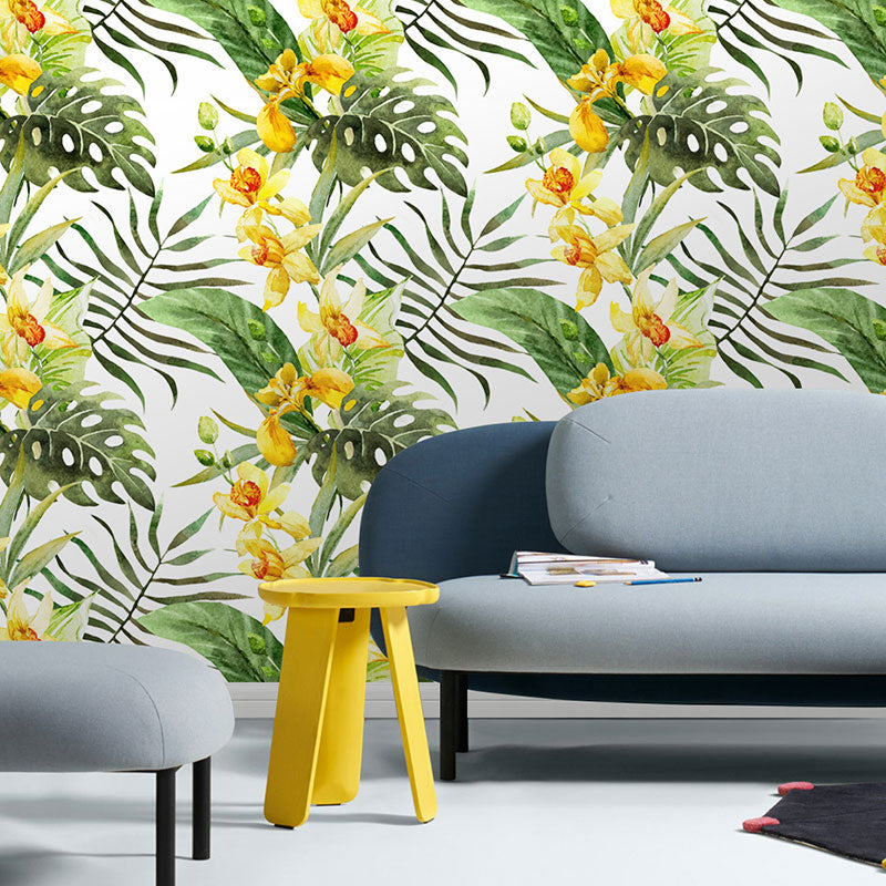 Palm Leaves Wallpaper Roll for Thai Restaurant Blossoms Wall Art in Green and Yellow, Stain-Resistant, Easy to Remove