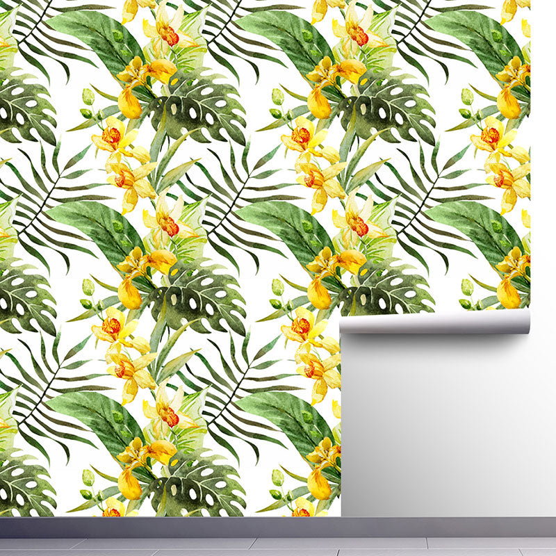 Palm Leaves Wallpaper Roll for Thai Restaurant Blossoms Wall Art in Green and Yellow, Stain-Resistant, Easy to Remove