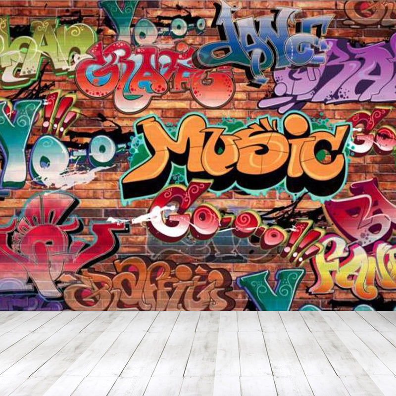 Cartoon Print Mural Decal Graffiti Non-Woven Fabric Textured Wall Covering in Soft Color