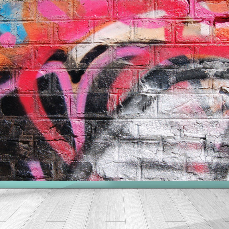Pastel Color Graffiti Mural Wallpaper Modern Stain-Proof Wall Covering for Parlour