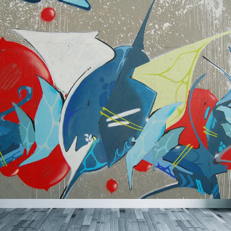 Pastel Color Graffiti Mural Wallpaper Modern Stain-Proof Wall Covering for Parlour