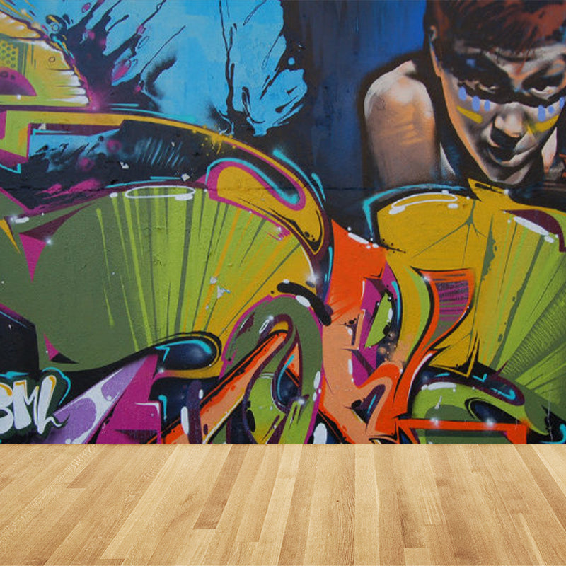 Pastel Color Graffiti Mural Wallpaper Modern Stain-Proof Wall Covering for Parlour