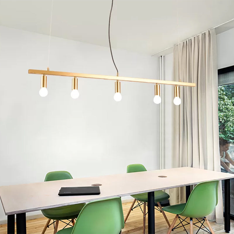 Open Bulbs Restaurant Ceiling Chandelier Metal 5 Lights Post Modern Island Light in Gold