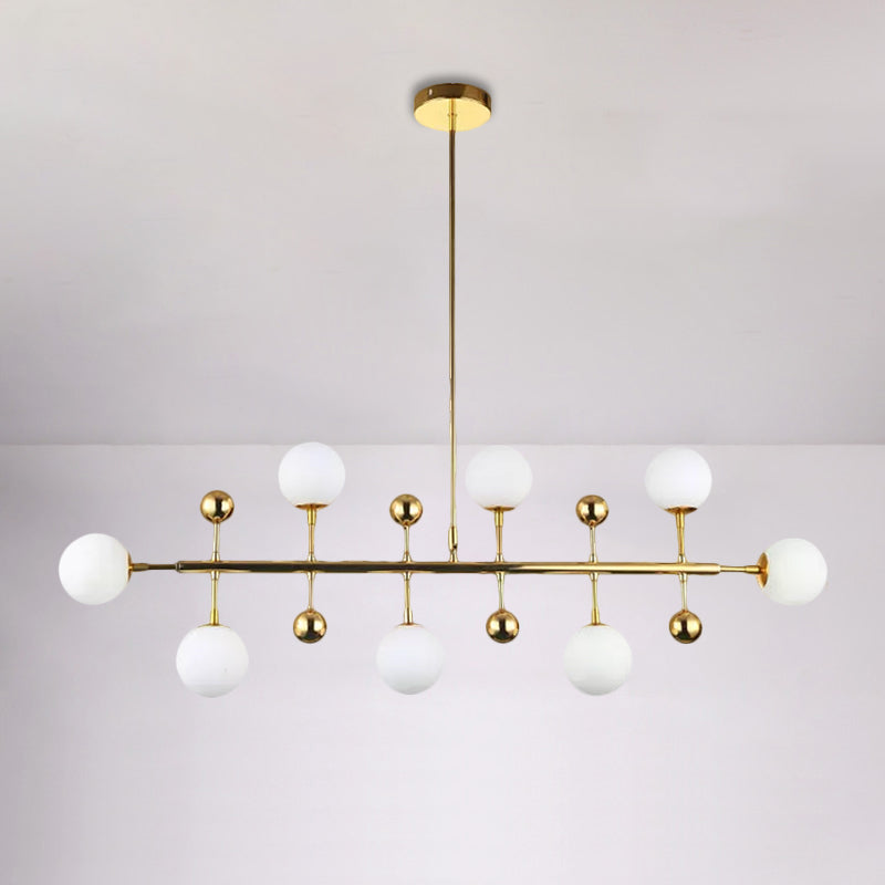 Hotel Ball Shade Linear Chandelier Opal Glass 8 Lights Modern Gold Ceiling Pendant