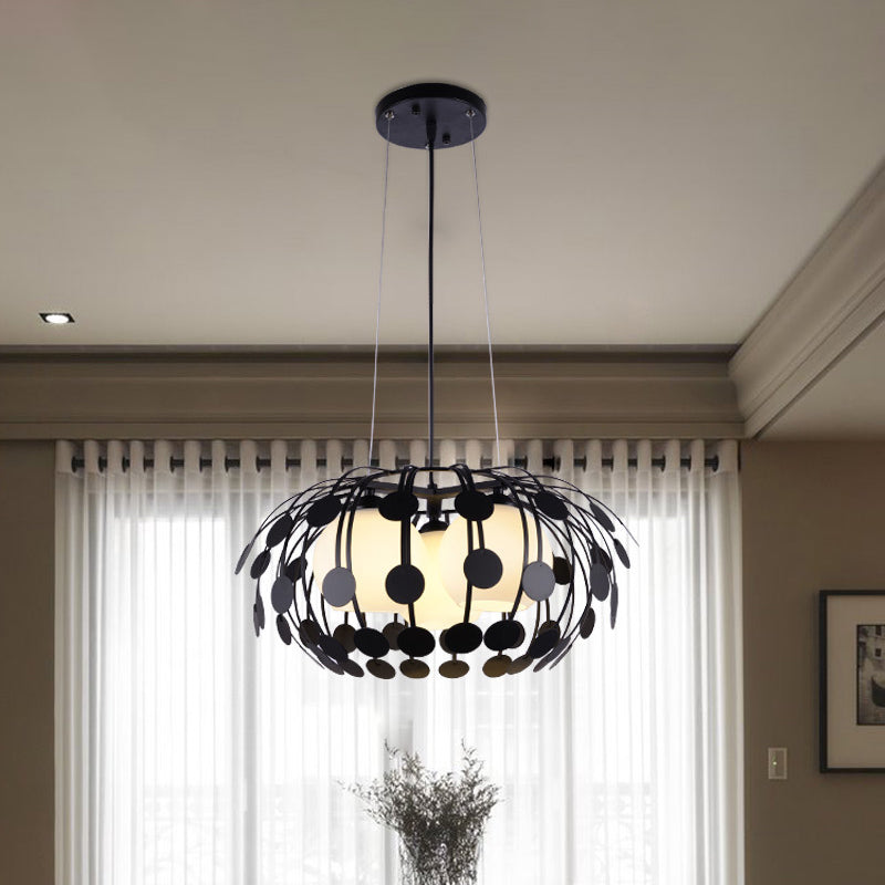 Lámpara de techo colgante de vidrio blanco de 3 luces modernas con vaso blanco con marco de hierro ovalado