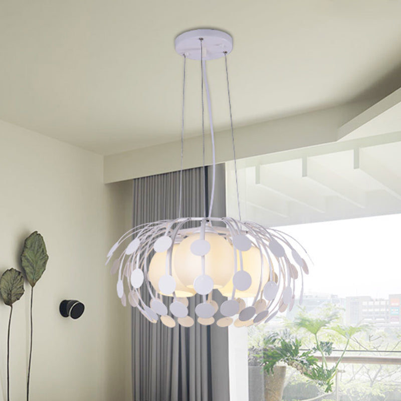 Lámpara de techo colgante de vidrio blanco de 3 luces modernas con vaso blanco con marco de hierro ovalado