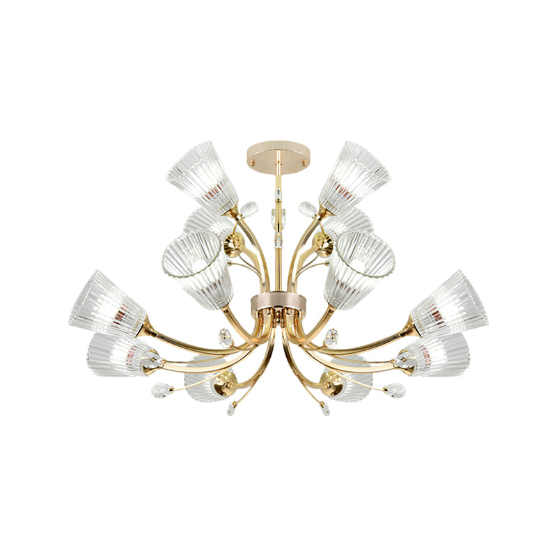 Ribbed Glass Tapered Shade Chandelier Hotel 12 Lights Crystal Accent Hanging Lighting in Gold