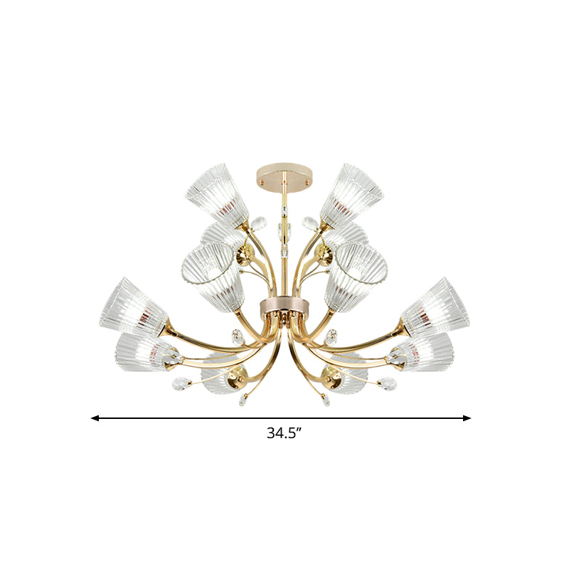 Ribbed Glass Tapered Shade Chandelier Hotel 12 Lights Crystal Accent Hanging Lighting in Gold