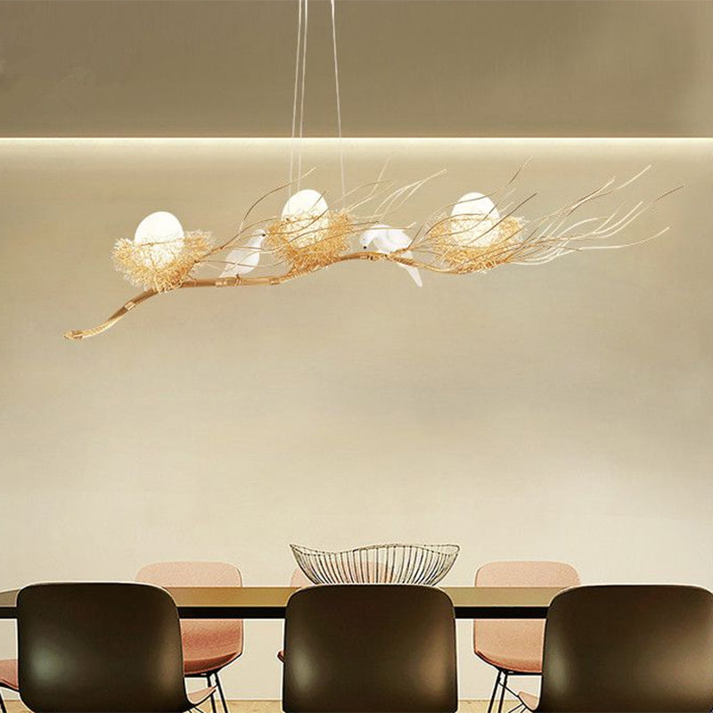 Gold Nest Island Lighting 3 Head Modern Metal Pendant Chandelier with Bird Decor