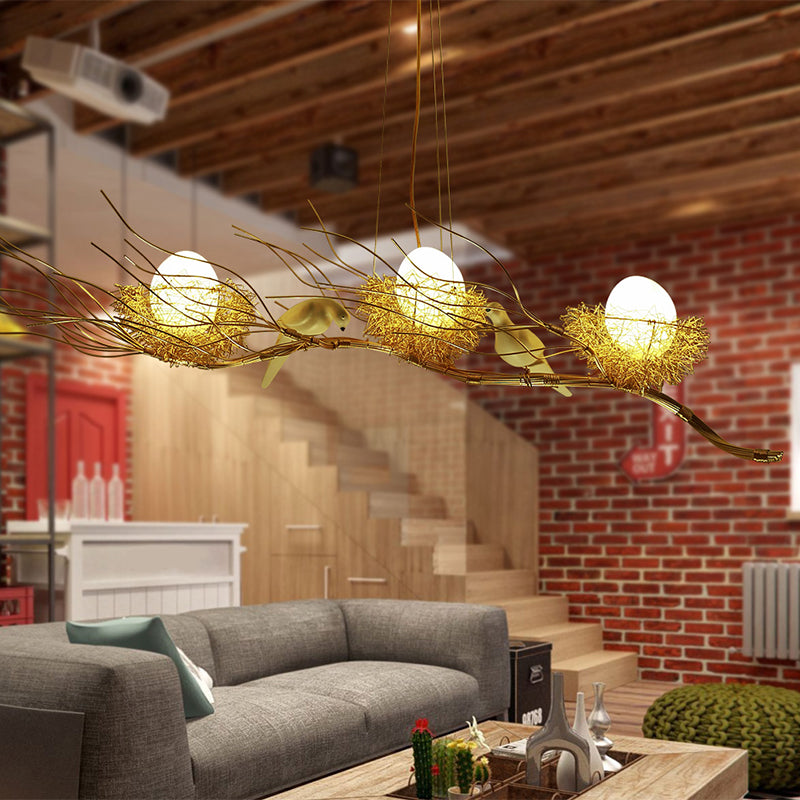 Gold Nest Island Lighting 3 Head Modern Metal Pendant Chandelier with Bird Decor