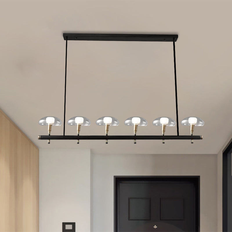 Clear Shade Mushroom Linear Pendant 4/6 Lights Glass Island Lighting in Black for Restaurant