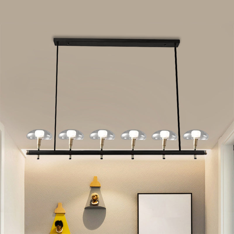 Clear Shade Mushroom Linear Pendant 4/6 Lights Glass Island Lighting in Black for Restaurant