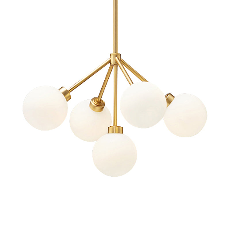 Simple Gold Chandelier Light Globe Shade 5 Lights Milk Glass G9 Hanging Light for Restaurant