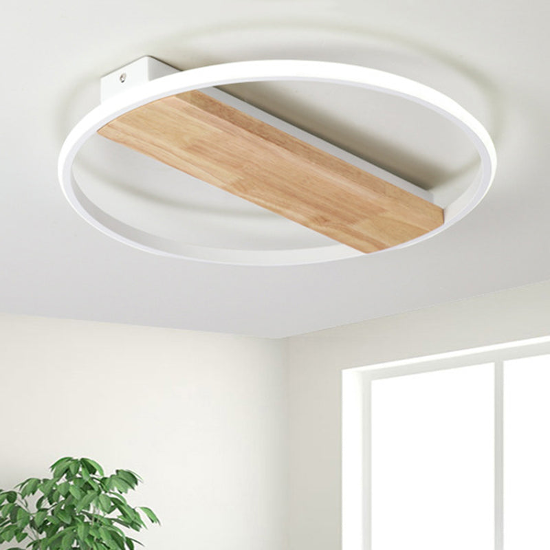 Nordic Style Rectangle Ceiling Lamp with Ring Wood Flush Ceiling Light in White for Adult Bedroom