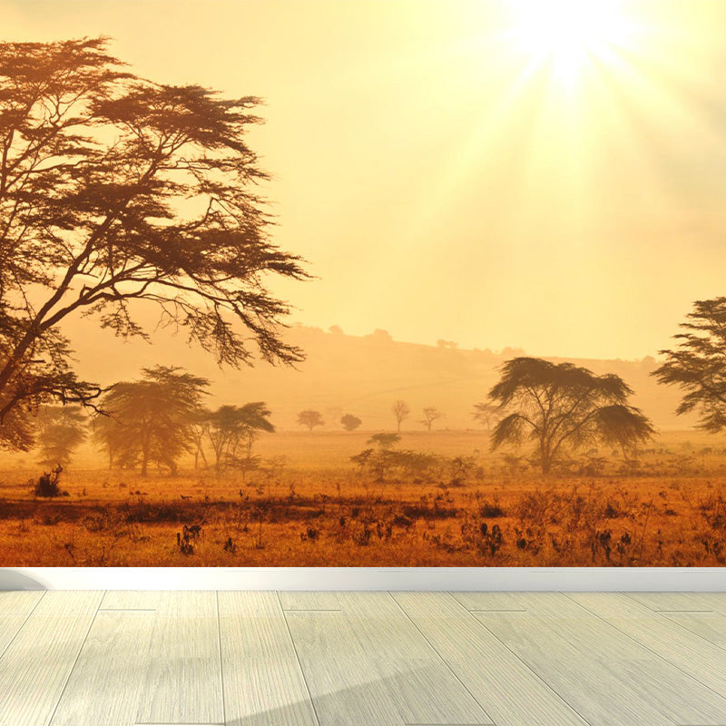 Cloudy Forest Landscape Mural Decal Contemporary Non-Woven Wall Covering in Soft Color