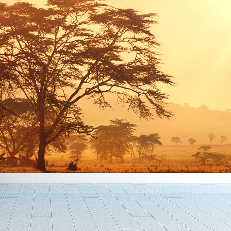 Cloudy Forest Landscape Mural Decal Contemporary Non-Woven Wall Covering in Soft Color