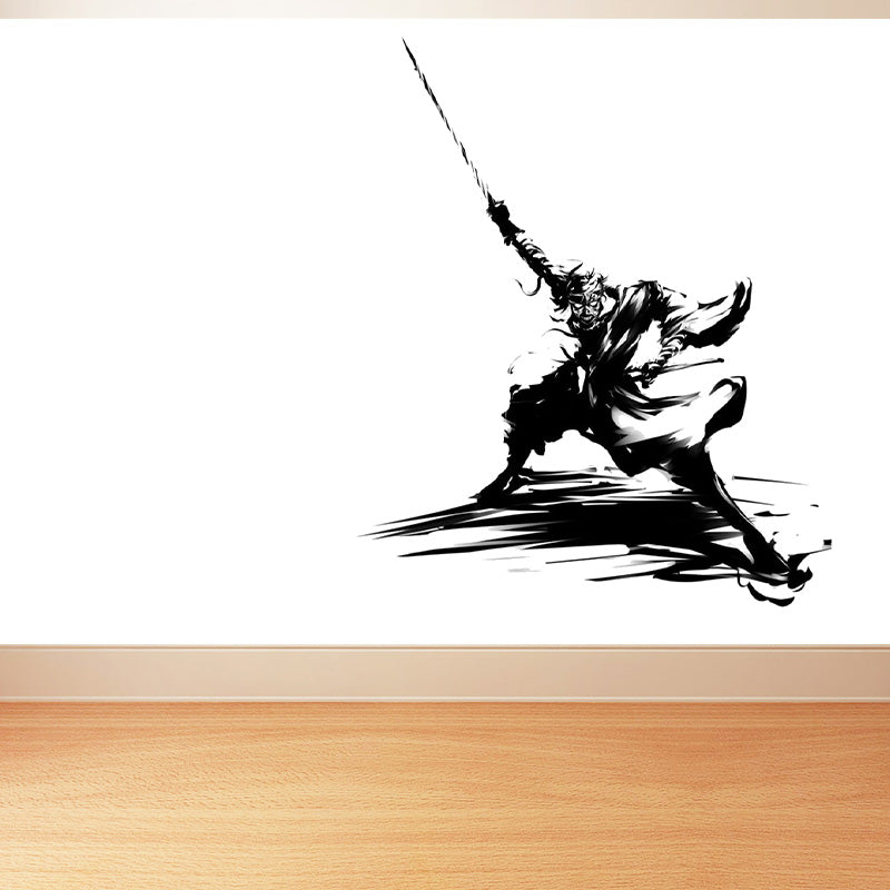 Japanese Martial Samurai Mural Wallpaper Black Stain Resistant Wall Covering for Boys Bedroom