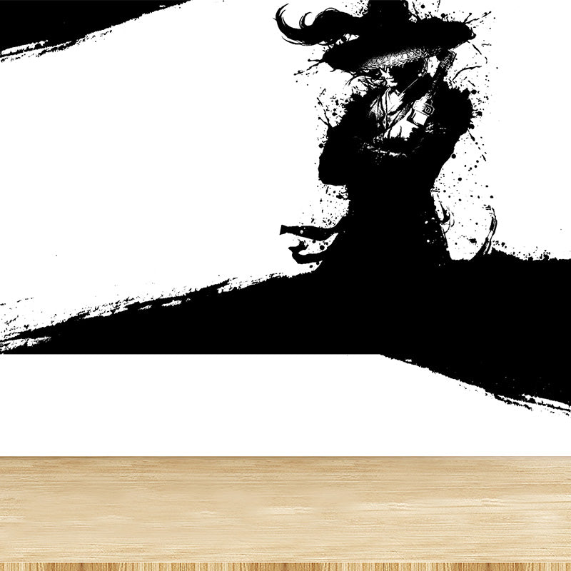 Japanese Martial Samurai Mural Wallpaper Black Stain Resistant Wall Covering for Boys Bedroom