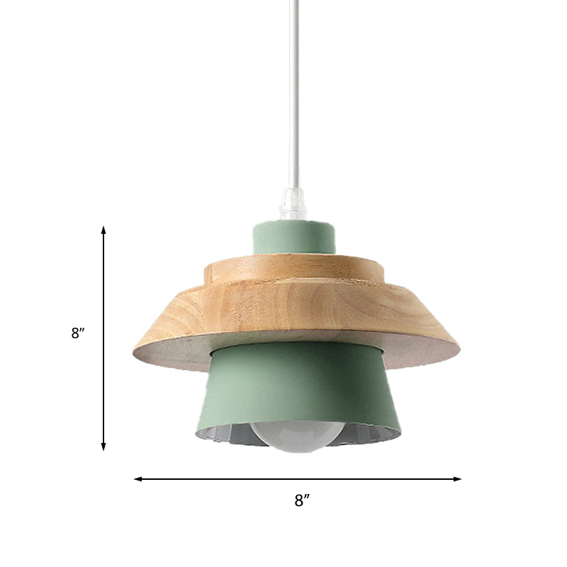 Macaron Style Mushroom Pendant Light Metal Wood 1 Light Hanging Light for Restaurant