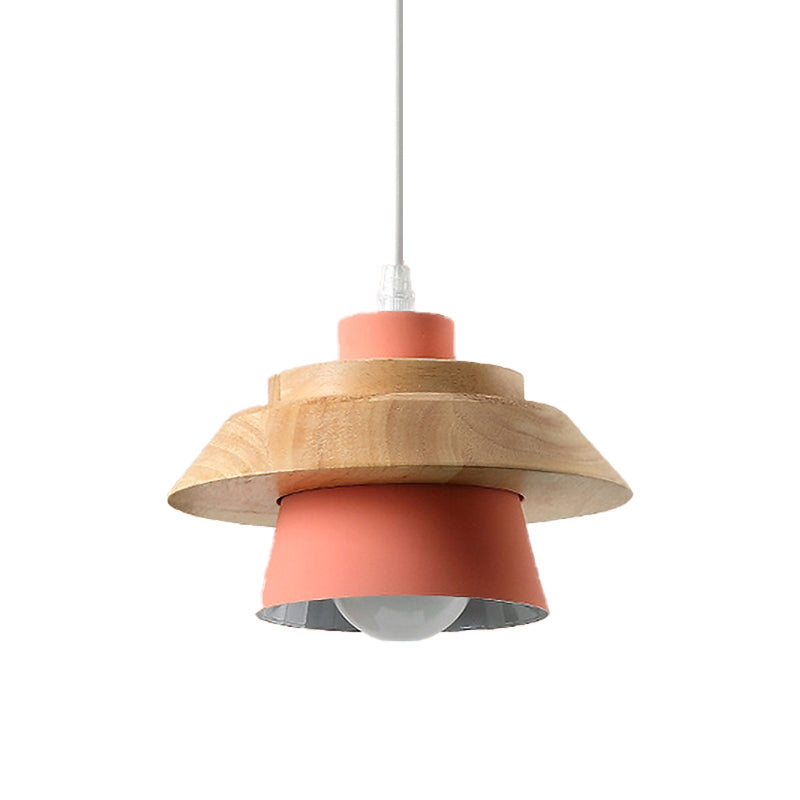 Macaron Style Mushroom Pendant Light Metal Wood 1 Light Hanging Light for Restaurant
