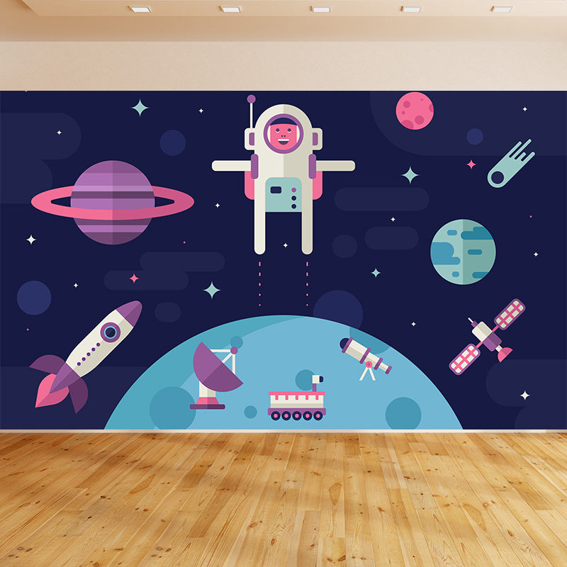 Dark Color Spacecraft Mural Wallpaper Universe Kids Moisture Resistant Wall Covering