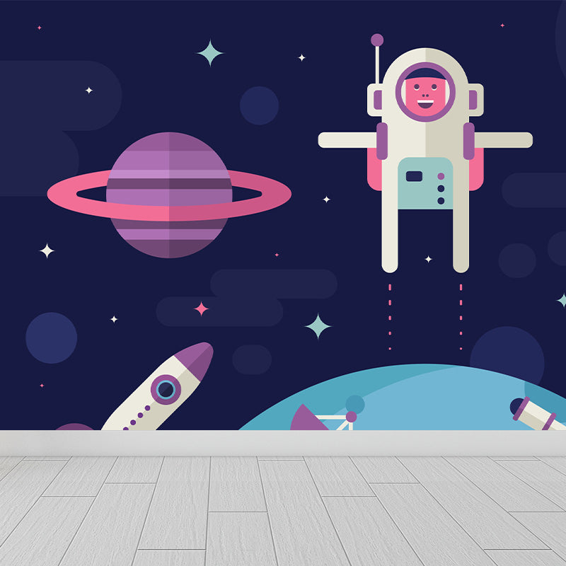 Dark Color Spacecraft Mural Wallpaper Universe Kids Moisture Resistant Wall Covering