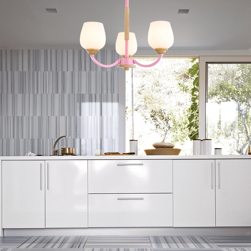 Macaron Loft Bud Shade Chandelier Light Milk Glass Pendant Light in Green/Grey/Pink/White for Child Bedroom