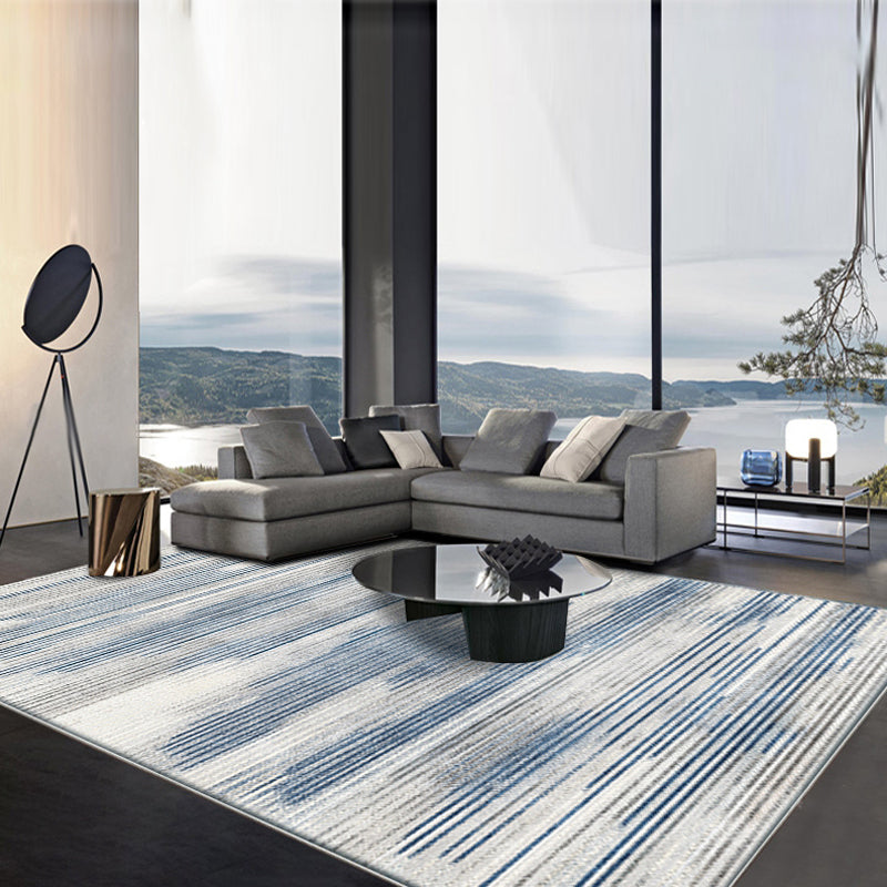 Blue Stripe Pattern Rug Polyester Modernist Rug Machine Washable Anti-Slip Backing Rug for Sitting Room