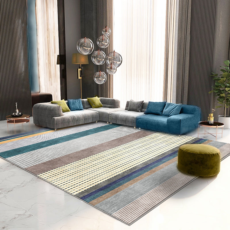 Funky Striped Pattern Rug with Plaid Grey Modern Rug Polyester Washable Non-Slip Pet Friendly Area Carpet for Parlour