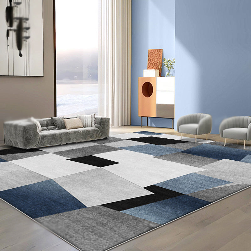 Grey and Blue Novelty Rug Polyester Checked Pattern Rug Pet Friendly Washable Non-Slip Area Rug for Living Room