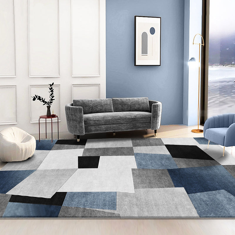 Grey and Blue Novelty Rug Polyester Checked Pattern Rug Pet Friendly Washable Non-Slip Area Rug for Living Room