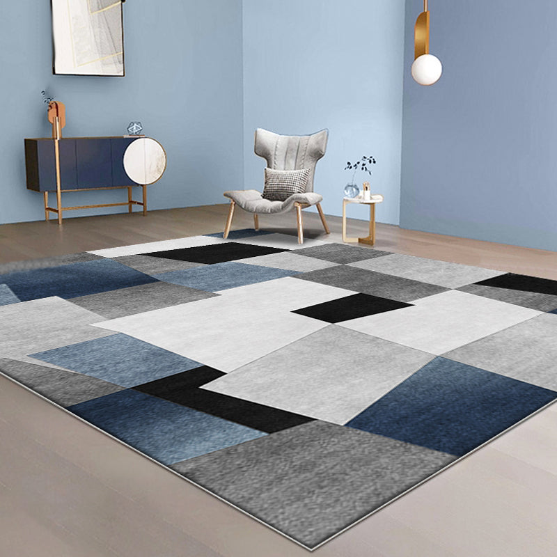 Grey and Blue Novelty Rug Polyester Checked Pattern Rug Pet Friendly Washable Non-Slip Area Rug for Living Room