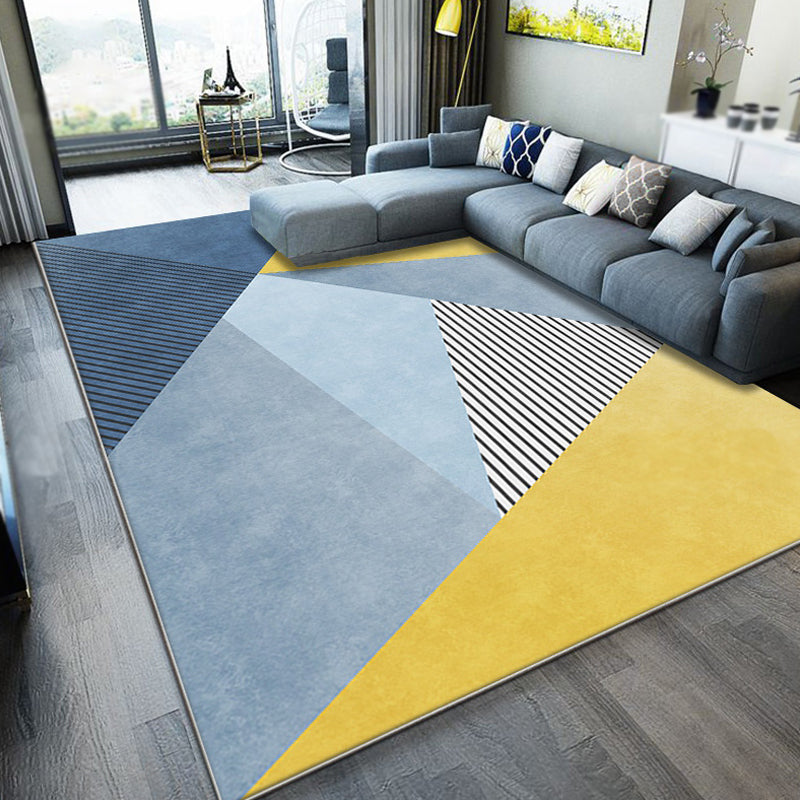 Novelty Striped Pattern Rug Blue and Yellow Polyester Carpet Washable Non-Slip Backing Pet Friendly Rug for Bedroom