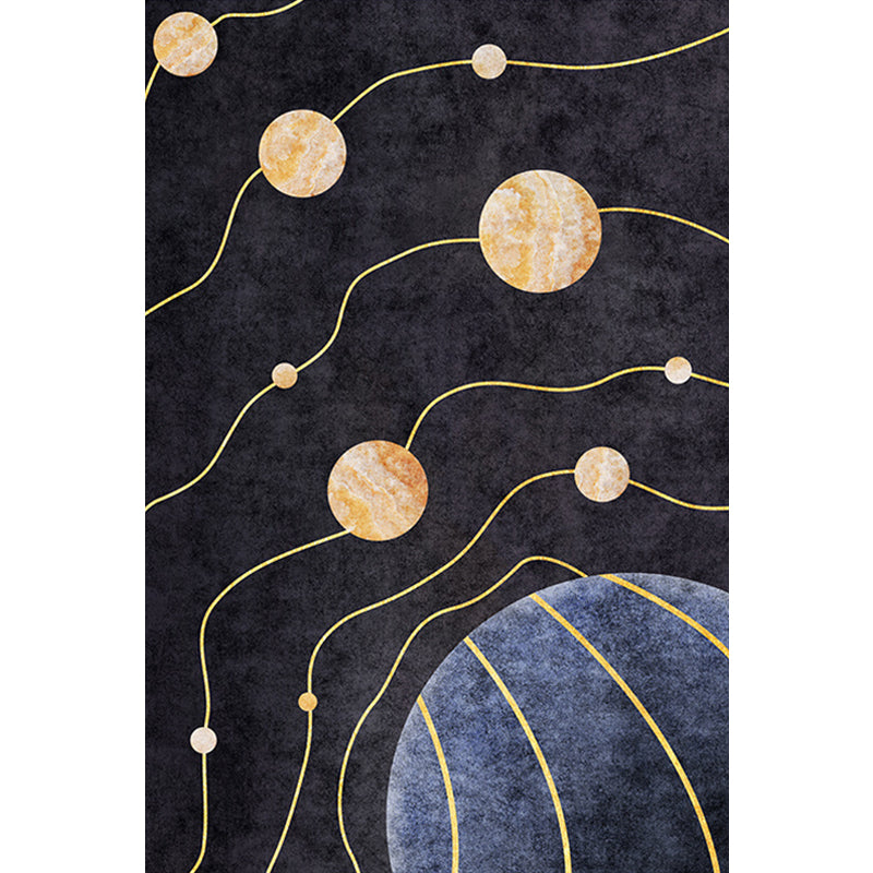 Modern Space Planet Indoor Rug Black Polyester Rug Stain Resistant Area Carpet for Home
